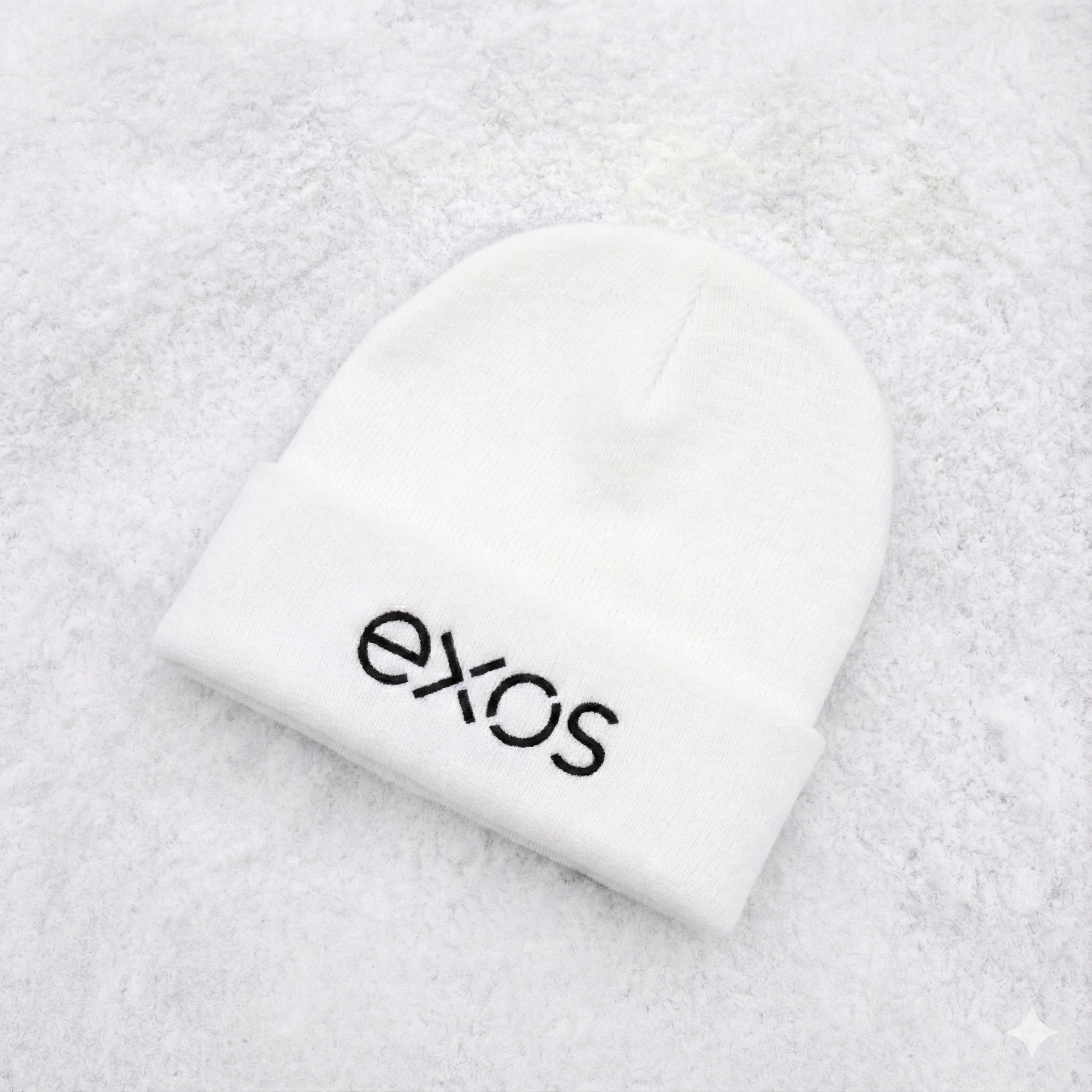 White Embroidered Exos Knit Beanie